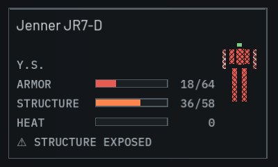 A damaged Jenner card: armour 18/64, structure 36/58, a red hatched silhouette, STRUCTURE EXPOSED