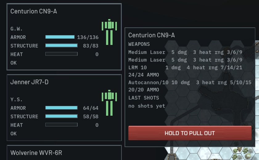 Card drawer for the Centurion: weapons with damage, heat, range; ammo; last shots; HOLD TO PULL OUT