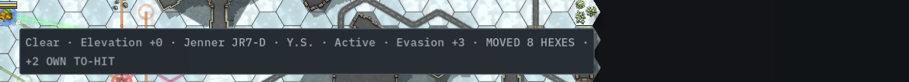 Hover readout over a unit: terrain, Jenner JR7-D, pilot, Active, Evasion +3, moved 8 hexes, +2 own to-hit