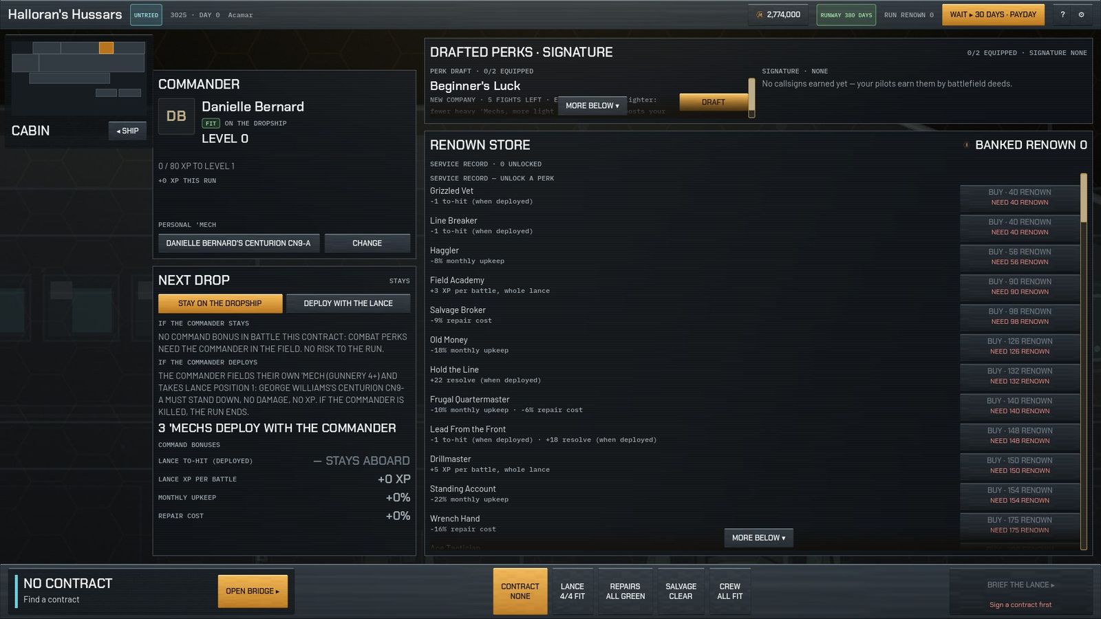 Cabin: the Commander's level, drafted perks, next-drop choice, renown store
