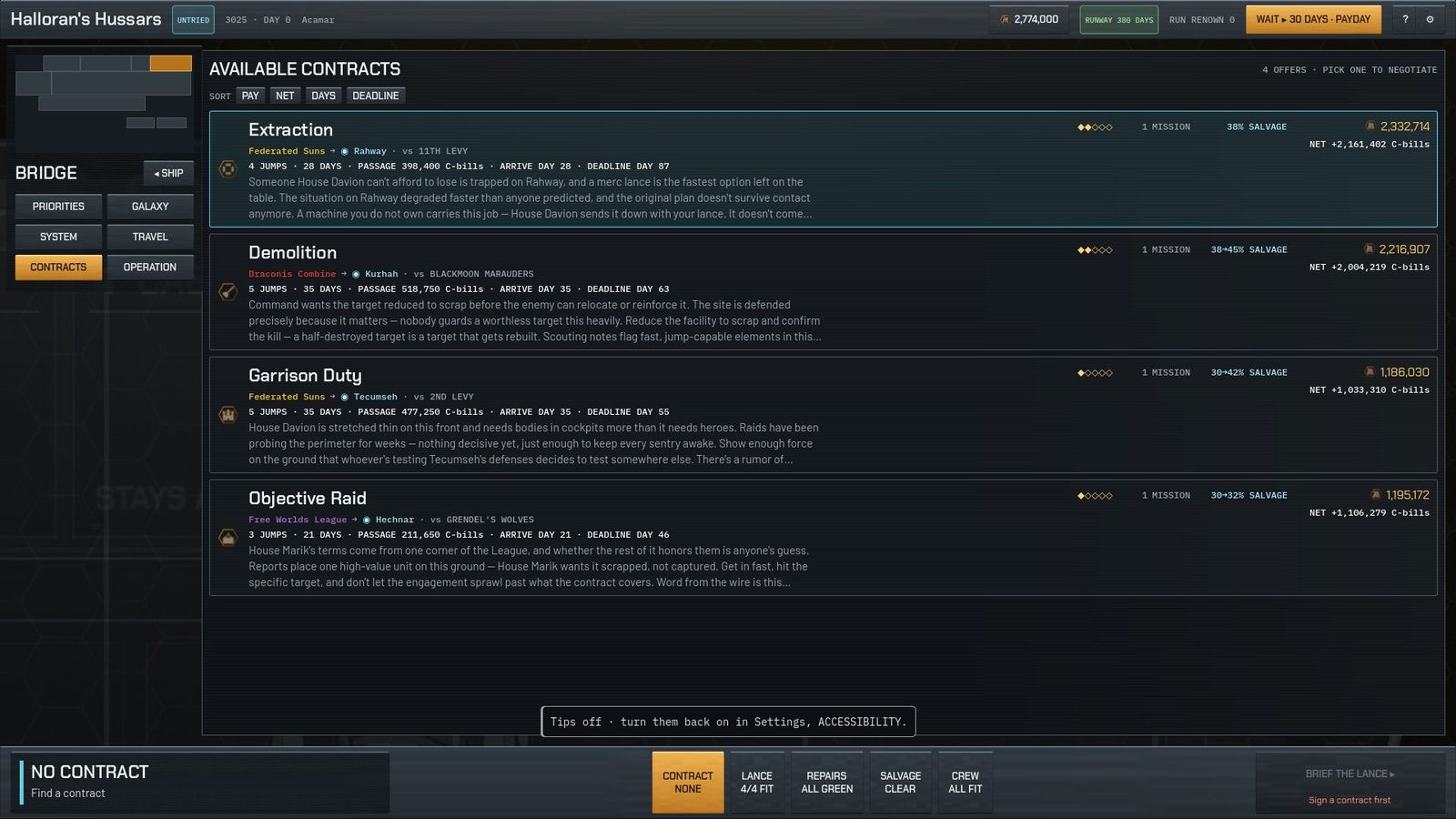 Available contracts list with mission type, employer, target, pay and net after the trip