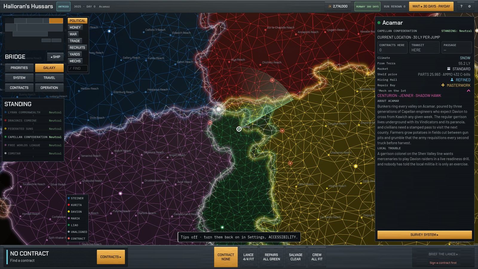 The Bridge galaxy map: Inner Sphere borders, a selected world with its card on the right, lens buttons top left