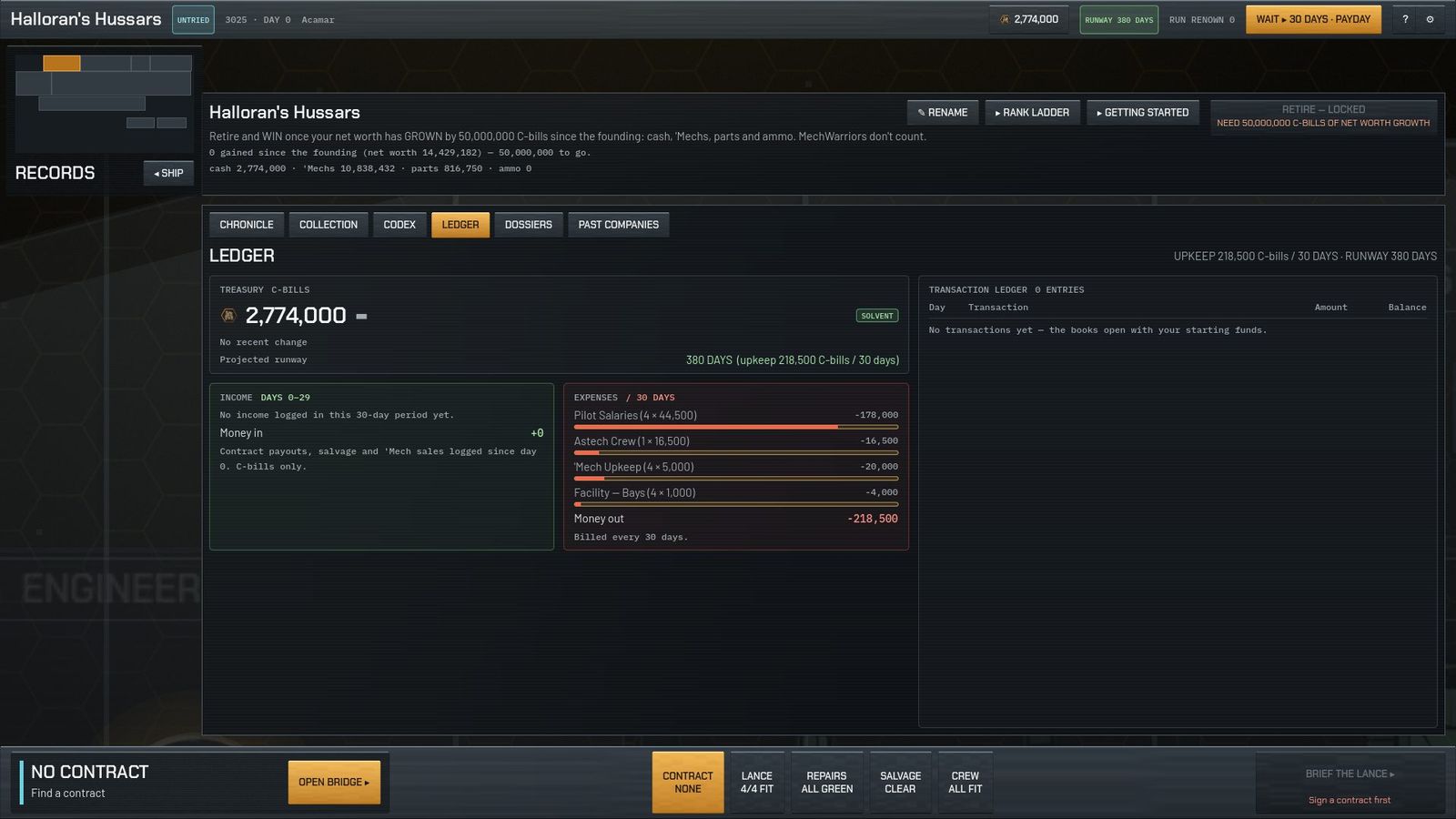 Records, Ledger tab: treasury, the monthly upkeep breakdown and every transaction