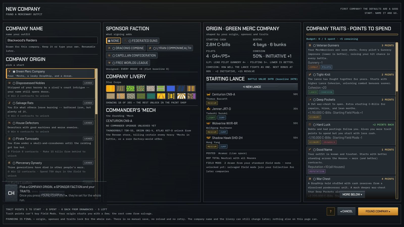 The New Company screen with name, origin, sponsor, livery, Commander's 'Mech, starting lance and traits